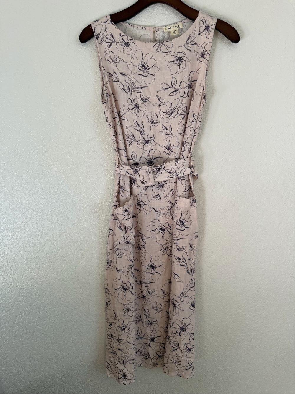 Monteau Blush Floral Linen Blend Midi Dress Small